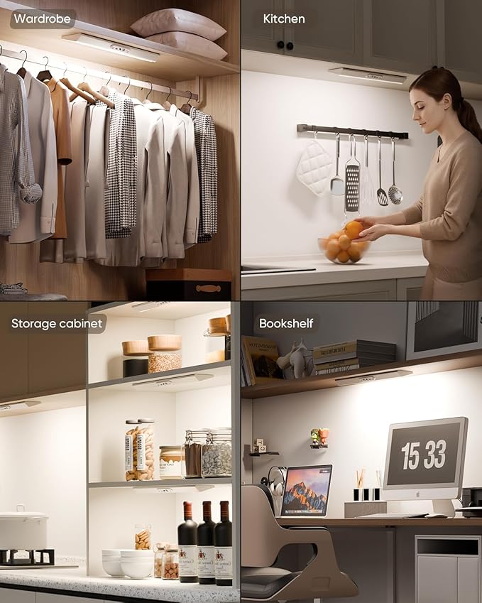 Motion Sensor Closet Lights, Eye Protection Design Cabinet Lighting Wireless with Remote, 3 Color Temps & Dimmable, Magnetic, Rechargeable LED Closet Lighting for Kitchen, Wardrobe, Pantry, 4 Pack