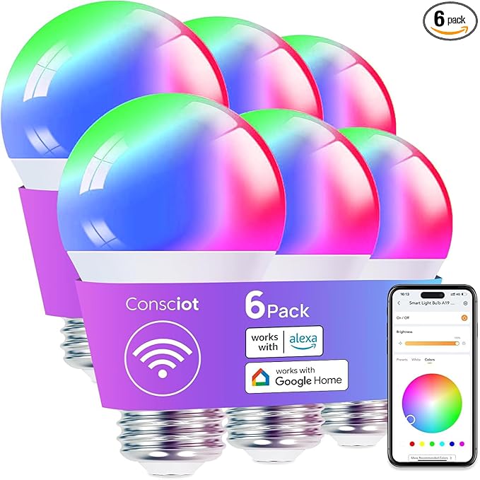Consciot Smart Light Bulbs, A19 Color Changing Smart Bulbs, 800 Lumens 60W Equivalent, Works with Apple Home, Alexa, Google Home & SmartThings, Dimmable LED, 6-Pack