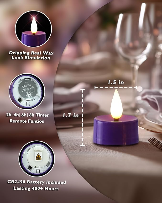 Amagic Flameless Purple Timer Remote Tealights Candles, 3D Black Wick Flickering Tea Light, 300+Hour Colored Votive Candles Battery Operated, Set of 12 for Party, Wedding Table, Halloween, Mardi Gras