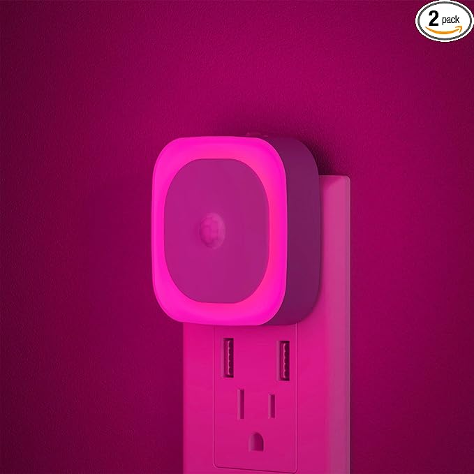 2 Pack Plug in Night Light with Motion Sensor & Dusk to Dawn Sensor, Soft Pink Glow for Bedroom, Hallway, Girls Room, 3 Sensor Modes, Auto ON/Off, Dimmable Nightlight for Bathroom