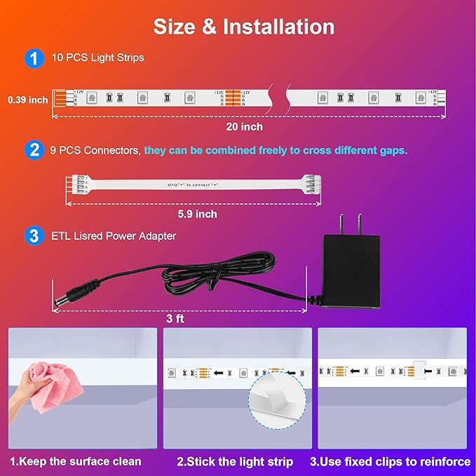 maylit 10 PCS RGB Under Cabinet Lighting Kit, App and Remote Control Led Strip Lights, Music Sync Color Changing Led Lights with ETL Listed Power Adapter, for Cabinet, Counter, Shelf, Bookcase,16.4ft