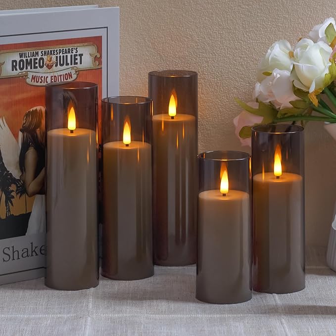 Acrylic Flameless Flickering Candles with Remote Control and Timer, Battery Operated LED Fake 2.2" x 5",6",7",8",8" Plastic Pillar Candles for Home Decor(Long-Lasting, Grey)