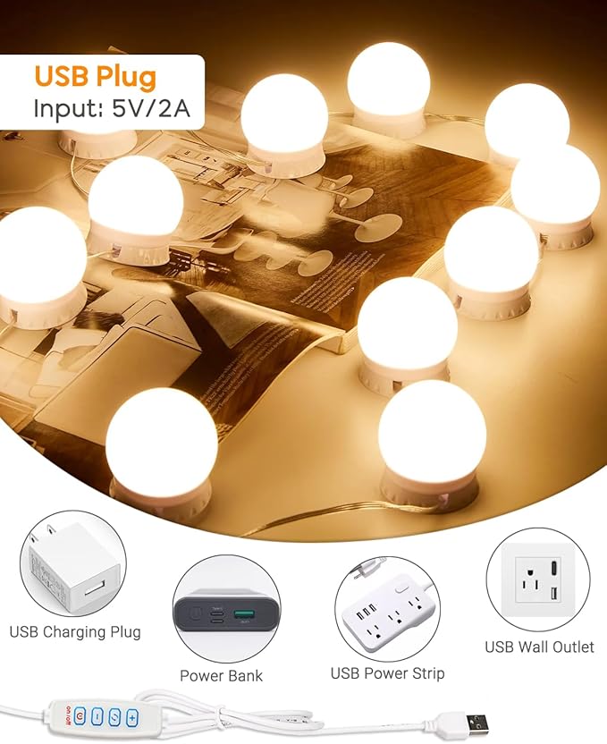 LED Vanity Lights for Mirror,10 Dimmable Bulbs,3000K 4500K 6500K & Brightness Adjustable,Hollywood Mirror Lights for Makeup Dressing Room