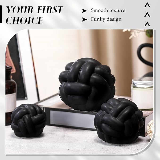 Wenqik Matte Black 3 Pcs Knot Decor, Chain Link Coffee Table Bookshelf Decor Accents, Entry Table Ceramic Aesthetic Minimalist Decorative Objects for Modern Home Living Room Decoration 3 Sizes