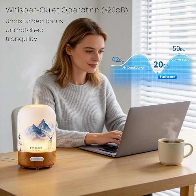 Essential Oil Diffuser Hand Blown Glass, 100ml Small Aromatherapy Diffuser, Auto Shut-Off Function, Ultrasonic Diffusers for Essential Oils, Cool Mist Humidifier with Warm White Lights