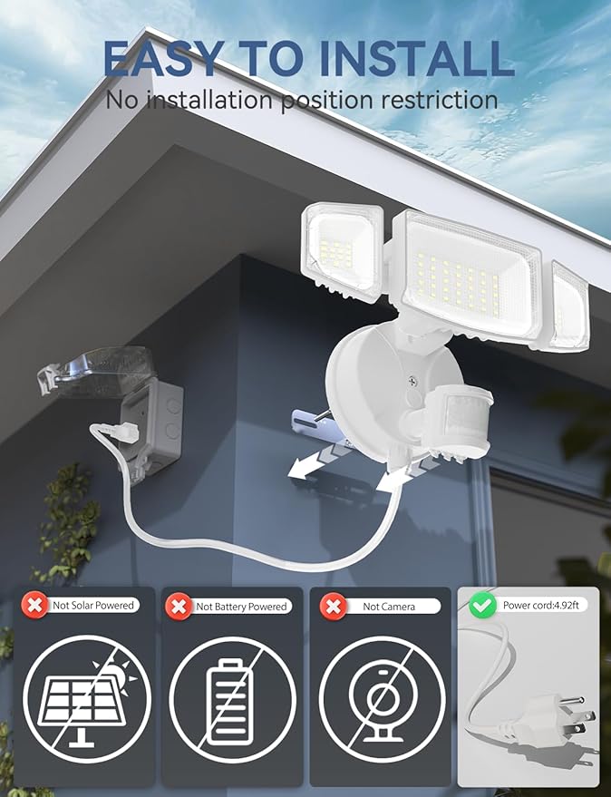 Olafus 50W Motion Sensor Outdoor Light Plug in, Motion Flood Light Dusk to Dawn, 5000LM LED Security Light IP65 Waterproof, Motion Activated 6500K PIR Sensor Lighting for Garage Yard Patio Eave, White