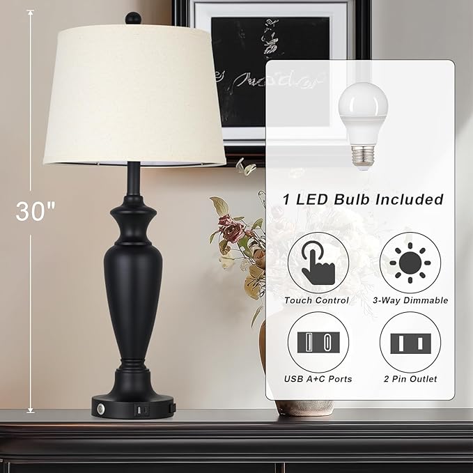 30" Tall Black Table Lamp, 3-Way Dimmable Touch Control Bedside Lamp with USB A+C & AC Outlet for Bedroom, Living Room (1 Pack)