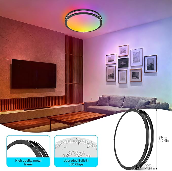 libtit 13 Inch RGB Flush Mount Ceiling Lights with Remote, 24W 3000K-6500K&Dimmable, LED Light Fixture with Nightlight and Timer for Bedroom Livingroom Bathroom-Black