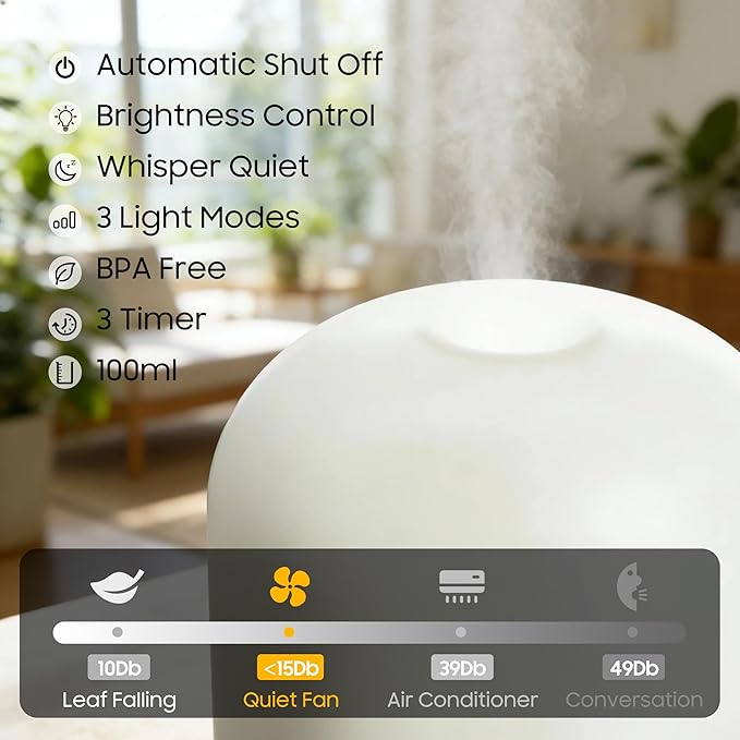 Essential Oil Diffuser Hand Blown Glass, 100ml Small Aromatherapy Diffuser, Auto Shut-Off Function, Ultrasonic Diffusers for Essential Oils, Cool Mist Humidifier with Warm White Lights（White）