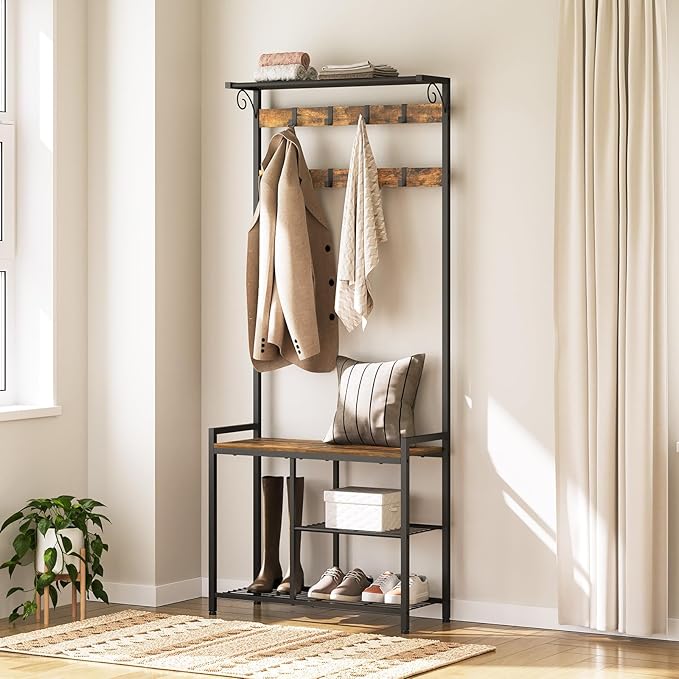 Coat Rack Shoe Bench, 4-in-1 Hall Tree with Storage Shelves and Hanging Rod, Entryway Storage Organizer with 8 Movable Hooks, for Entryway, Hallway, Corridor, Rustic Brown and Black MT12BR