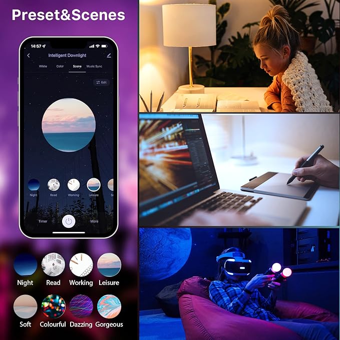 ORALUCE Smart Recessed Lighting 6 Inch, WiFi＆Bluetooth Color Changing Retrofit LED Can Lights, 13W 1050LM RGBCW 2700-6500K Ultra-Thin Wafer Lights Compatible with Alexa/Google Assistant, 1Pack