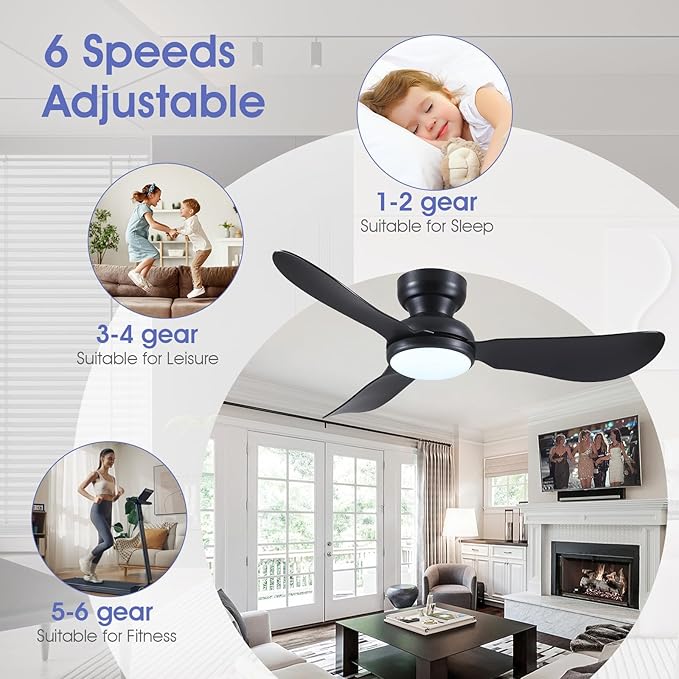 46 Inch Flush Mount Ceiling Fan with Light, 3 Reversible Blades, Remote & APP Control, 3 CCT Dimmable for Bedroom Living Room, Black