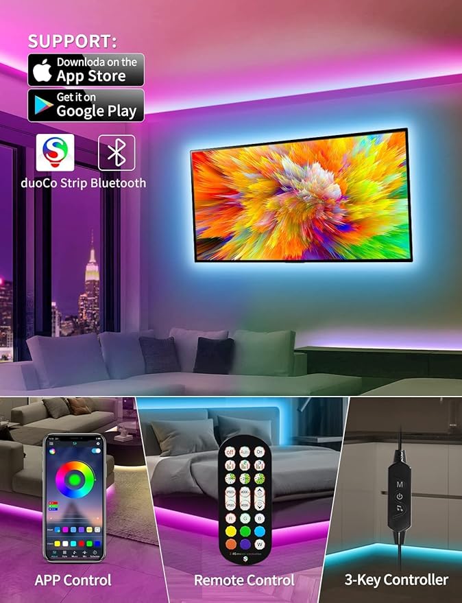 Daymeet Led Lights for TV, 16.4 FT Smart LED TV Backlights for 45-85 inch USB TV Behind Lighting Color Changing RGB TV Led Light Strip with Remote Music Sync Bluetooth APP Control for Bedroom, Party