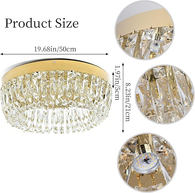 Deckrico Luxury Gold Crystal Chandelier Flush Mount Ceiling Light, 19.7" Modern LED Lighting Fixture for Bedroom Kitchen Dining Room Living Room