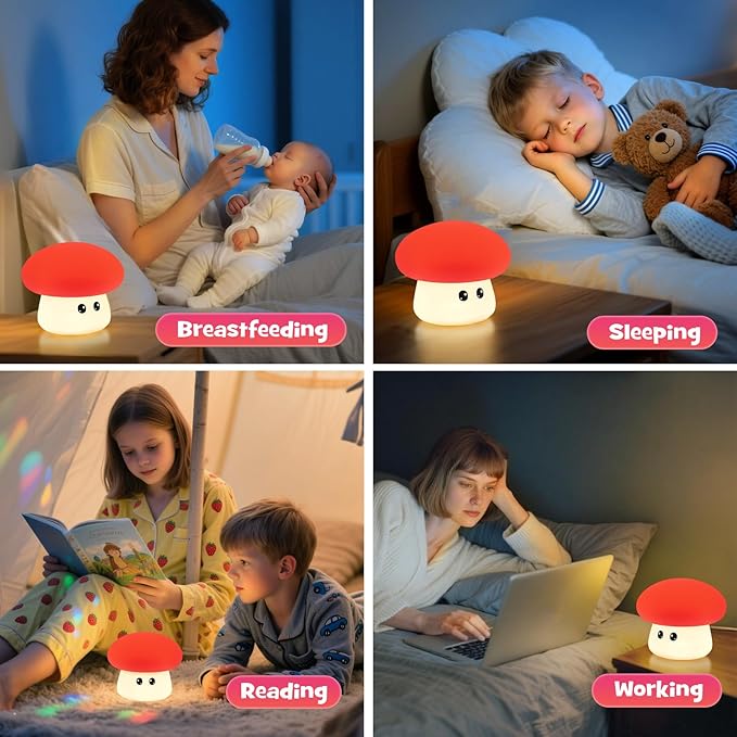 Squishy Big Eyes Mushroom Night Light with RGB Mode 3 Brightness Adjustable Nursery Breastfeeding Nightlight Cute LED Red Mushroom Lamp Rechargeable Silicone Touch Bedside Lamp for Bedroom Dorm Decor