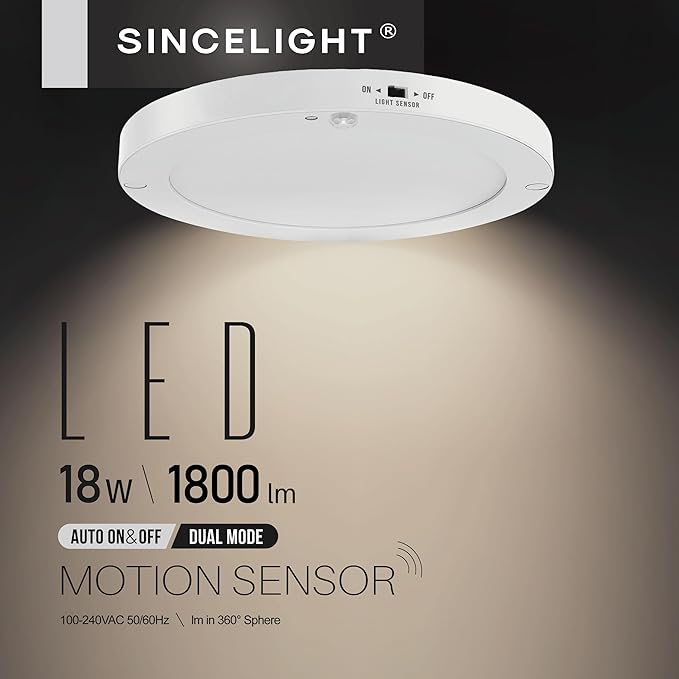 SINCELIGHT PIR Motion Sensor 18W LED Ceiling Light (Φ9''/220mm), Automatically ON/Off, Movement Activated, Dual Mode Turnable, Neutral White 4000K, Surface/Flush Mount for Hallway,Porch, Pack of 1