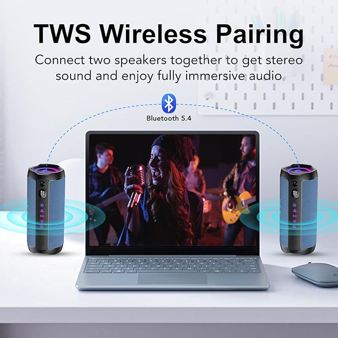 Portable Bluetooth Speaker, Bluetooth 5.4 Speaker,30W Dual Speaker with LED Display, Deep Bass, 30H Playtime, Colorful RGB Lights, IPX7 Waterproof,TWS pairing for Outdoor/Home/Party/Travel,Gift Ideas