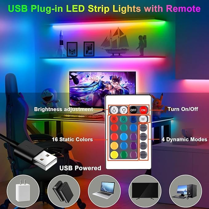LED Strip Lights 16.4ft LED Lights for Bedroom,TV Backlight, Party,Gaming Room, Home Decoration,with Remote,USB Powered Plug & Play RGB Light Strip
