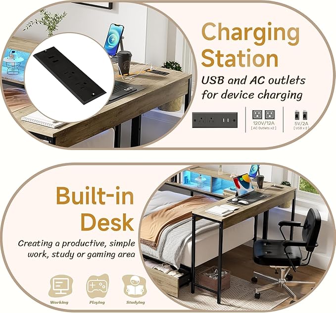 Full Corner Bed Frame with Desk and Storage Bookcase, L- Shaped Daybed with 2 Drawers, LED Lights & 2 Charging Station, Modern Metal Full Size Platform Bed for Kids/Teen Bedroom, Brown