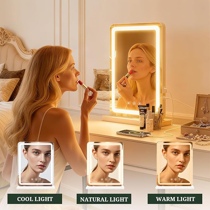 Vanity Mirror with Lights, LED Makeup Mirror with 3-Color Dimmable Lighting, Smart Touch Control, Memory Function, Tabletop Lighted Mirror for Bedroom, Dressing Room