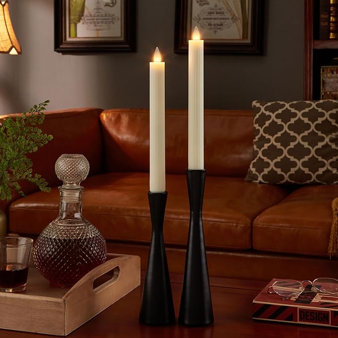 Flameless Taper Candles Flickering with Remote and Timer, 3D Moving Flame Taper Candle Battery Operated to 400 Hours, 9 Inch Window Candles, (Ivory-Vertical Stripes)