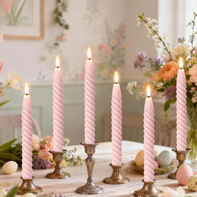 Pink Easter Flameless Taper Candles Pastel Flickering with Remote Timer, 3D Wick LED Spiral Wedding Candles Battery Operated 6 Pack Real Wax Home Birthday Spring Easter Decorations