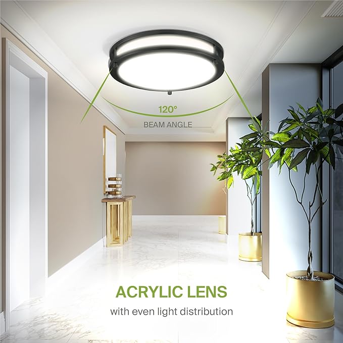 ASD LED 12" Round Flush Mount Lighting, Close to Ceiling Light Fixture | 3CCT, Dimmable, Energy Star, ETL Listed | 20W 1532LM 3000-5000K 120V | Low Profile Double Ring Lamp | Black, 4 Pack