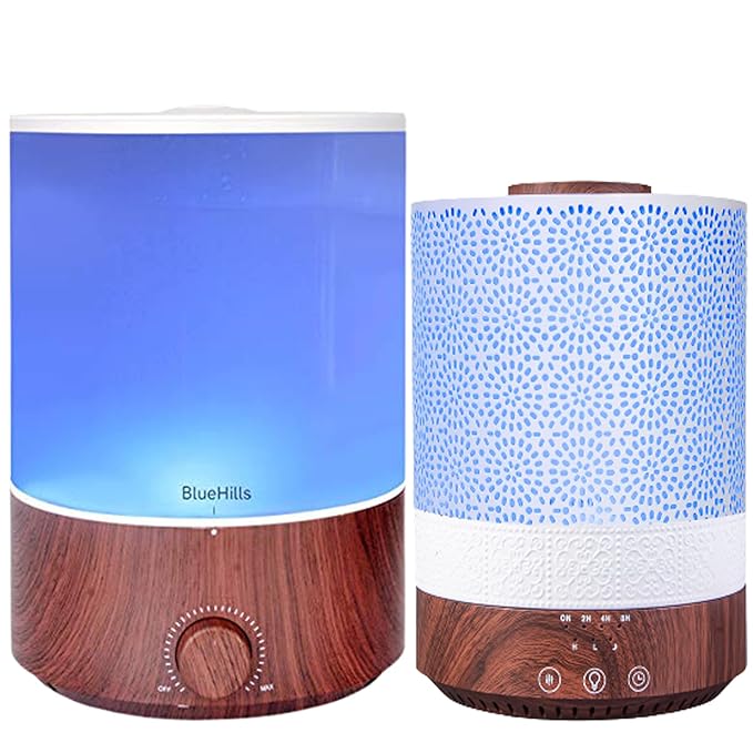 BlueHills Premium Set of Two Large 2500 ML and 4000 ML XL Essential Oil Diffusers Humidifier Combo for Large Room Home with Décor Cover LED Lights Great Gift – Value Pack of Dark Wood Grain.