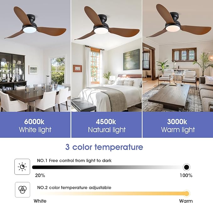46 Inch Modern Ceiling Fans with Lights, Flush Mount Ceiling Fan, Remote/APP Control, 3 Reversible Curved Blades, 6 Speeds, 3 CCT Dimmable LED Lights for Living Room Bedroom, Brown