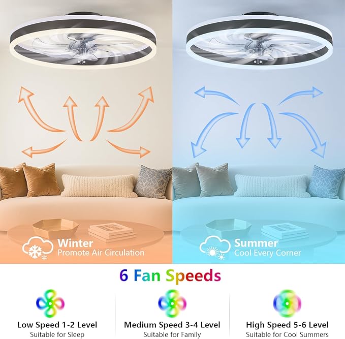 STERREN RGB Ceiling Fans with Lights, 15.7'' Modern Low Profile Ceiling Fan, Dimmable Flush Mount Ceiling Fan with Remote/APP Control, Small Fandelier for Bedroom, Living Room, Kitchen