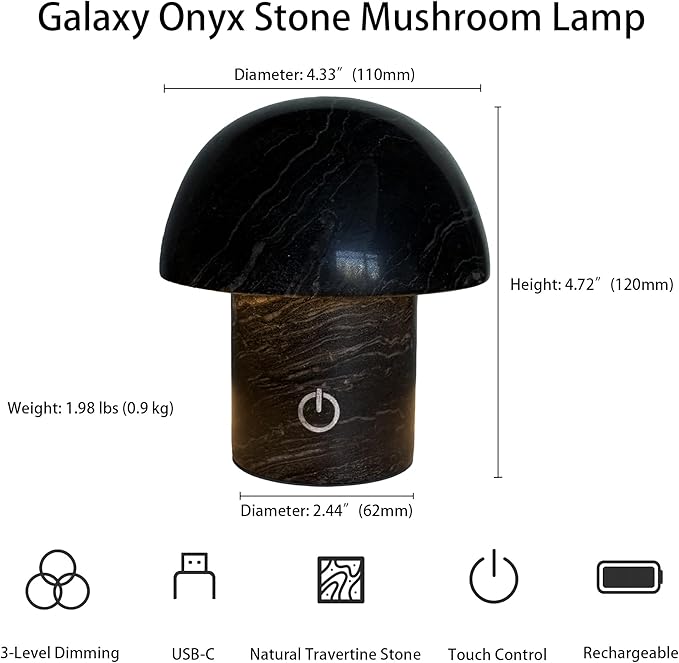 Hand-Polished Natural Marble Mushroom Lamp, Rechargeable LED Stone Night Light with Touch Control and 3 Brightness Levels, Sculptural Bedside Ambient Decor Light for Modern Home