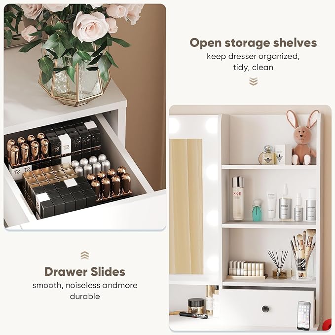 DUMOS Vanity Desk Makeup with Mirror LED Lights, White Table with Power Outlet 2 Drawer, 4 Storage Shelves Cabinet & 3 Lighting Mode Adjustable Brightness, Dressing Tables for Bedroom