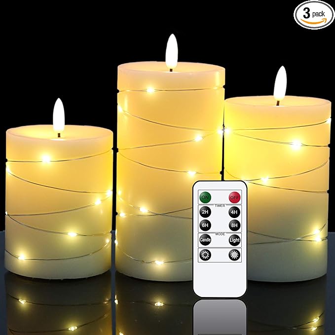 DRomance Flameless Flickering Candles String Light with Remote Timer Set of 3 Battery Operated LED Pillar Candles Real Wax 3D Wick Yellow Light Christmas Holiday Decor(3 x 5, 6, 6.8 Inch)