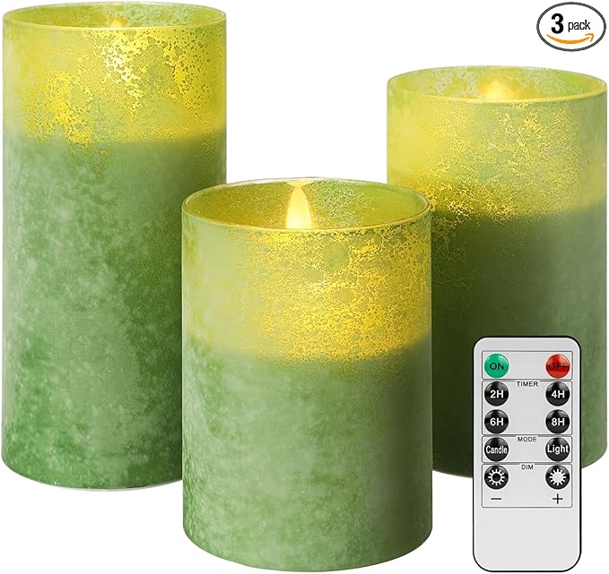 ANGELLOONG Green Flameless Candles with Remote, Glass Battery Operated LED Pillar Candles Flickering for St. Patrick's Day Christmas Home Decor, Set of 3