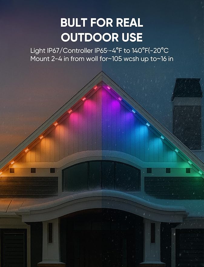 Smart Permanent Outdoor Lights, RGB with IC + Warm White 2700K, Under-Eave Lighting, Wi-Fi/Voice/Remote Control, 100ft/72 LEDs/IP67 Light / IP65 Controller, 111+ Scenes/Music Sync, Alexa/Google