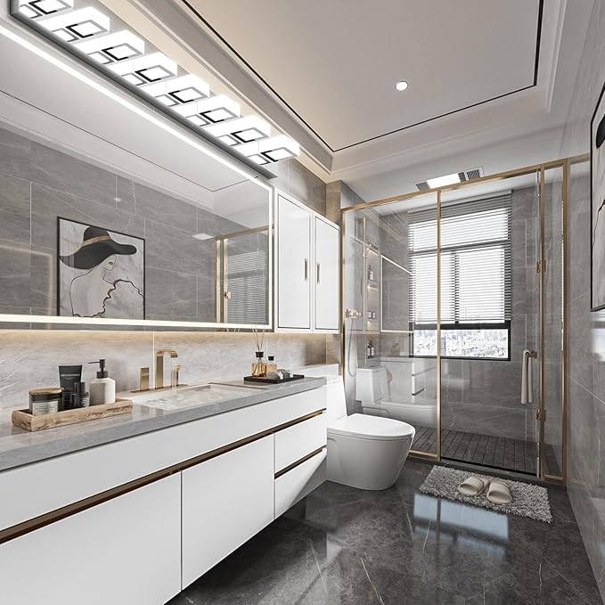 Ralbay 52" Modern Chrome Vanity Lights 8 Lights Acrylic Stainless Steel LED Vanity Light Fixtures Chrome Bathroom Lighting Over Mirror