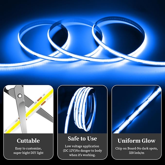iNextStation 16.4FT 5M Bule COB LED Strip Light, DC12V CRI 93+ Bule Light Strip, 8mm Width LED Tape Lights, Dimmable COB Strip Light for TV Backlight, Bedroom, Kitchen, Lighting Decor(with Plug)