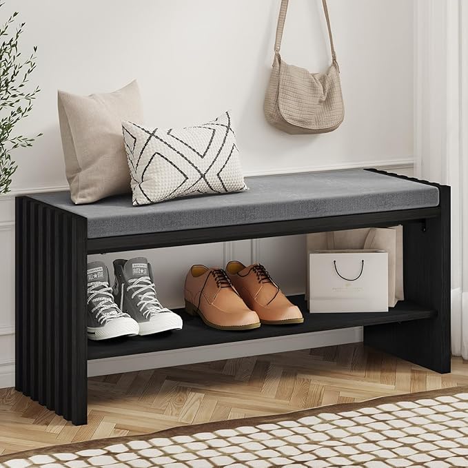 BON AUGURE 40" Entryway Shoe Bench with Storage & Cushion, Modern Fluted Shoe Rack for Mudroom, Sturdy Wooden Hallway Bench with 360 lbs Capacity, Black Oak