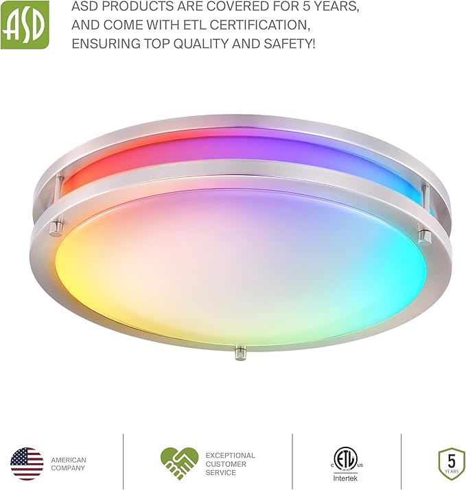 ASD LED 16" Round Flush Mount Lighting, Close to Ceiling Light Fixture | Smart, Multicolor, Dimmable, ETL Listed | 24W 1575LM RGB-2700-6500K 120V | Low Profile Double Ring Lamp | Nickel, 2 Pack