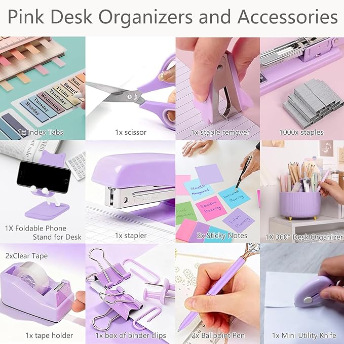 Office Supplies,Desk Accessories,with Stapler,Tape Dispenser,Staple Remover,Scissor,Ballpoint Pen,Sticky Notes,Clear Tape,Staples,Desk Organizer,Phone Stand,Binder,Index Tabs,Best Gift Set(Purple)