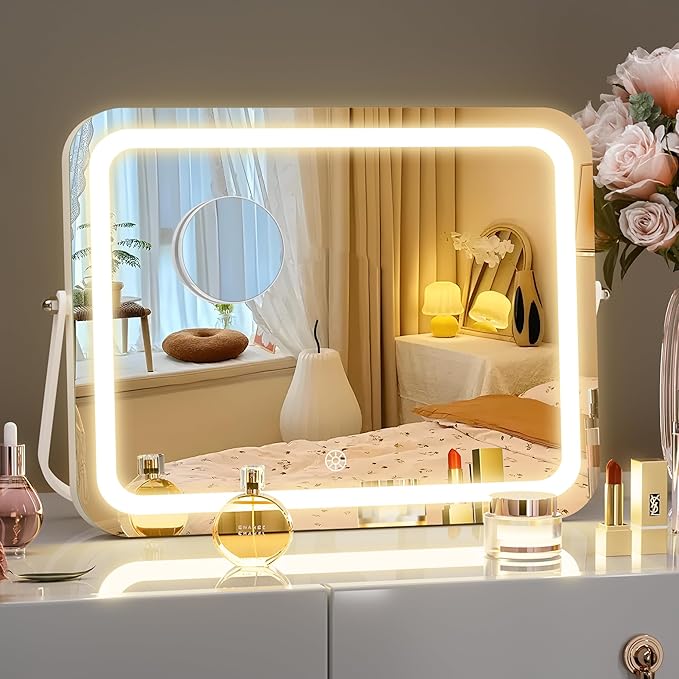 Hasipu Vanity Mirror with Lights, 14" x 10" LED Makeup Mirror, 3 Modes Light, Smart Touch Control Dimmable, 360°Rotation, Rectangle White Frame, with 5X Magnifying Glass