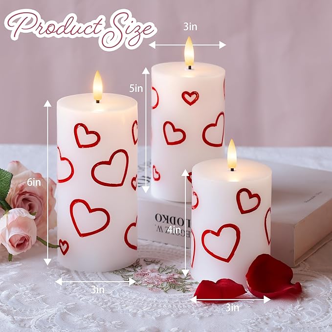 Valentines Day Heart Candles, Real Wax Flameless Pillar Candles with Remote, Real Wax Flickering LED Pillar Candles Valentine's Day Candles Gifts for Her Him Wife Mom Home Party Decor, 3 Pack