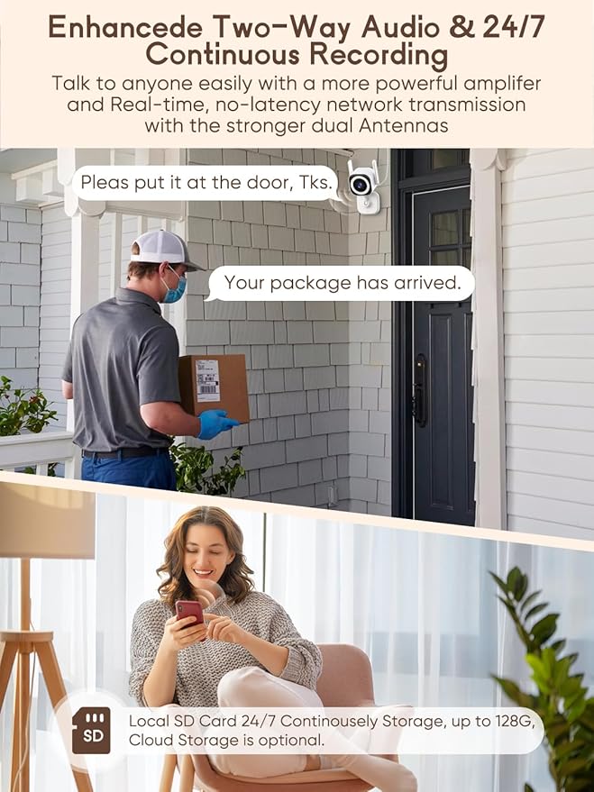 Dual-Antenna Stable 5G WiFi Security Camera, 4X Zoom 2K Outdoor Indoor Camera for Baby/Pet, Home Security WiFi Camera with Color Night Vision, Two-Way Talk, IP66, SD/Cloud Storage (2-Pack)