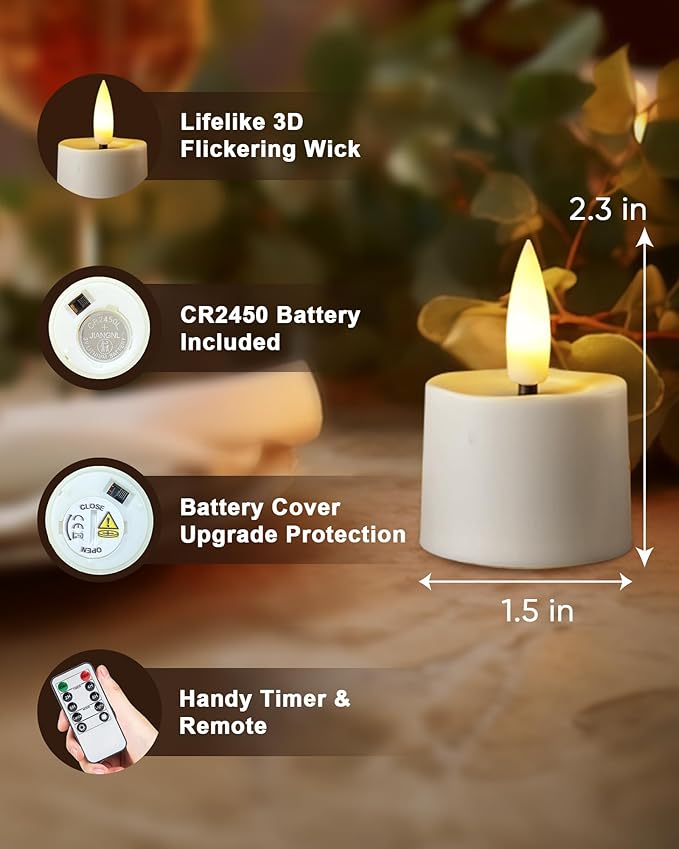Remote Candles, 12Pcs Timer LED Votive Candle, Realistic 3D Flickering Flameless Tea Lights Candle Battery Operated with 2/4/6/8H Timer for Home Decor- White Base