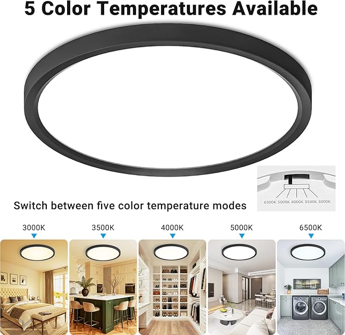 2 Pack LED Flush Mount Ceiling Light,15Inch 30W,3000K/3500K/4000K/5000K/6500K 5 Color Temperatures Ceiling Light Fixture for Kitchen Porch Hallway Bedroom Bathroom and Closet,Black