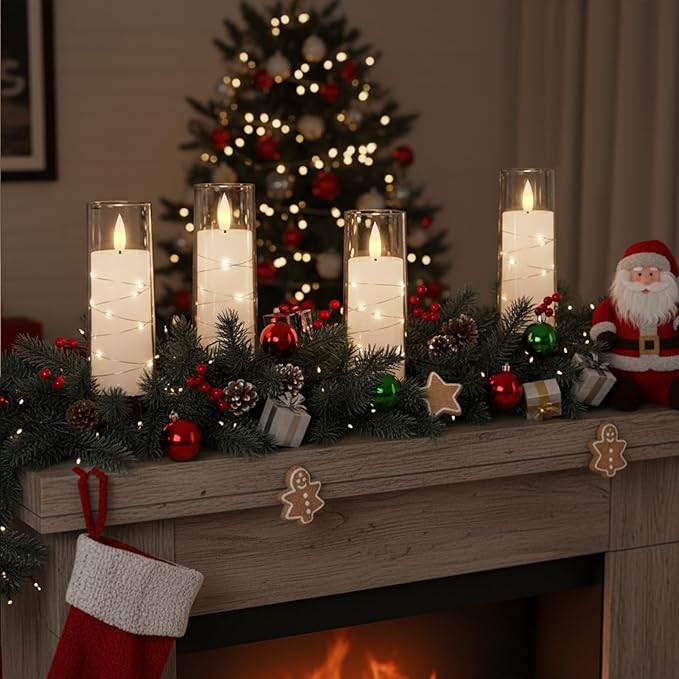 Raycare Flameless Candle with Remote Timer – 9 Flickering Acrylic Battery Operated LED Pillar Candles with Embedded Star String for Valentine's Day, Home Decor, and as a Gift (White)
