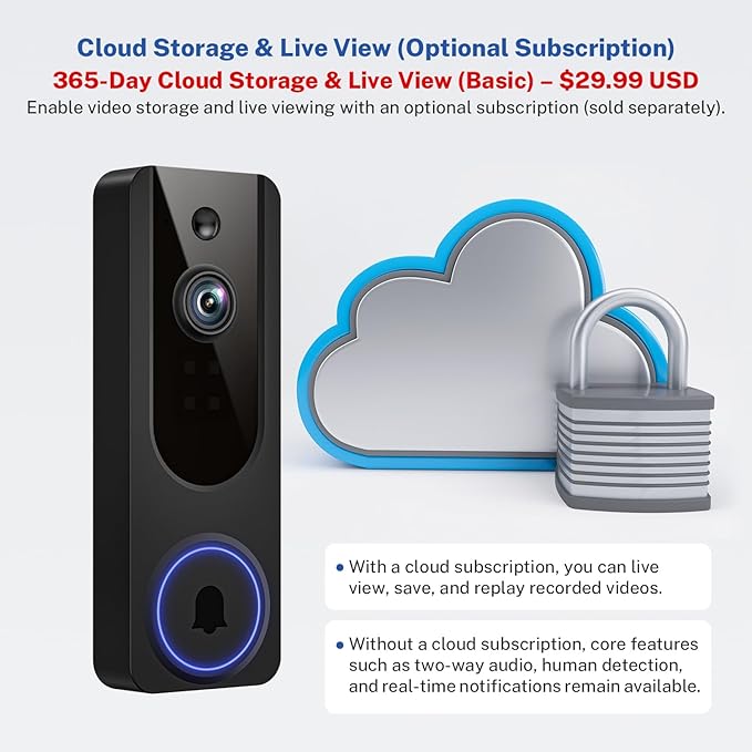 1080p WiFi Video Doorbell Camera Wireless, Battery Powered, AI Human and Motion Detection, 2 Way Talk, Night Vision, Cloud Storage, 2.4G WiFi Only, Indoor/Outdoor Surveillance