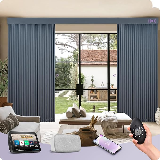 Graywind Hardwired Smart Curtains Compatible with Alexa Google Remote Control Motorized Drape for Sliding Door One-Way or Split Draw, Custom Width to 220" (Galaxy Series)