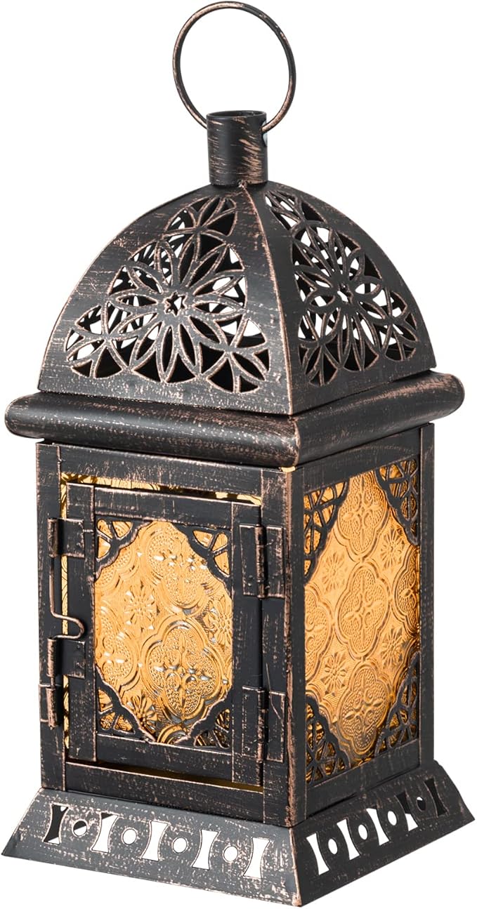 DECORKEY Candle Lanterns Decorative Indoor & Outdoor, 12'' Vintage Moroccan Hanging&Tabletop Lantern, Christmas Halloween Metal Candle Holder for Home Front Porch Patio Decor (Amber)
