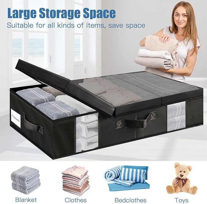 Underbed Storage Containers 3 Pack, Large Under Bed Storage Bins with Lids, Foldable Under the Bed Storage Drawer for Organizing Clothes, Shoes, Blankets, Pillows-PEVA Waterproof Material